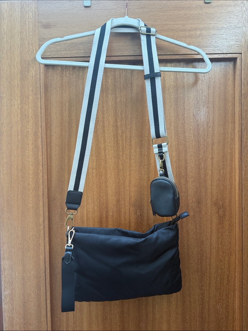 a new day Black Crossbody Bag with Striped Adjustable Strap